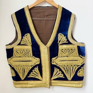 Vintage Turkish Ottoman Embroidered Velvet Vest Royal Blue Gold Metallic Large